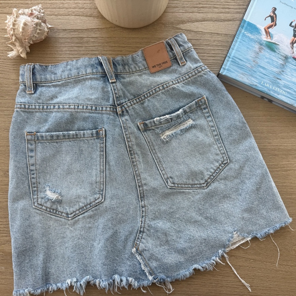 Free People High-Waist Distressed Denim Mini Skirt - Light Blue - Picture 2 of 3